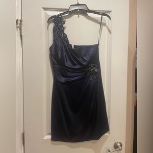 Navy midnight blue one shoulder dress with embellished flowers